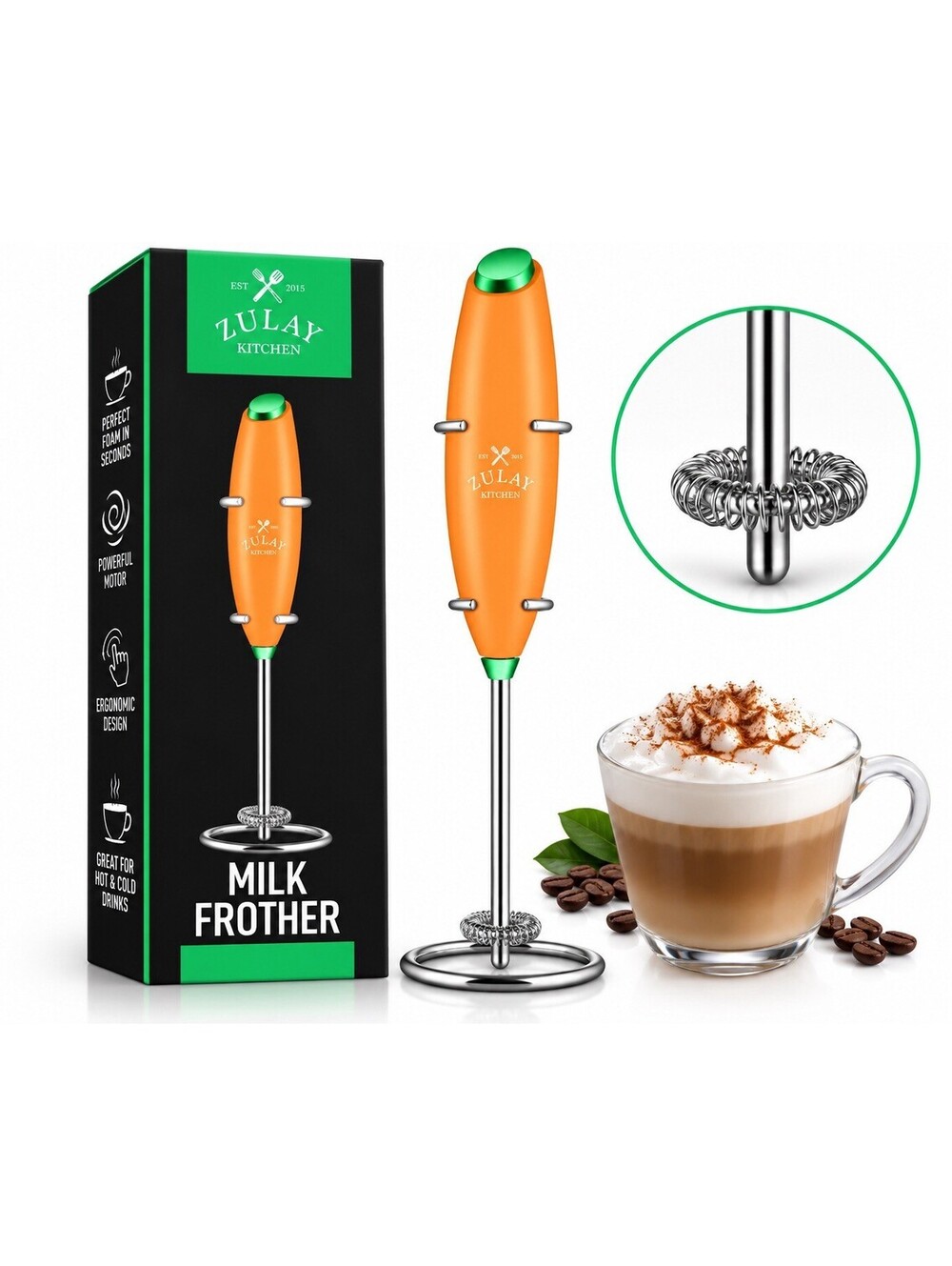 🧡 Zulay Kitchen Milk Frother – Orange & Green – Single Whisk – New